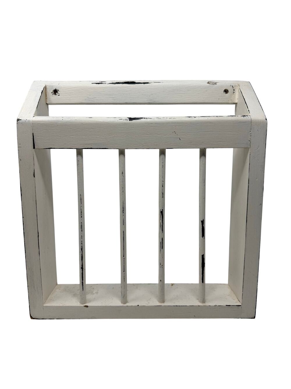 White Wood Slatted Wall Shelf Hanging Magazine Holder Rustic Farmhouse 13x12.5x3
